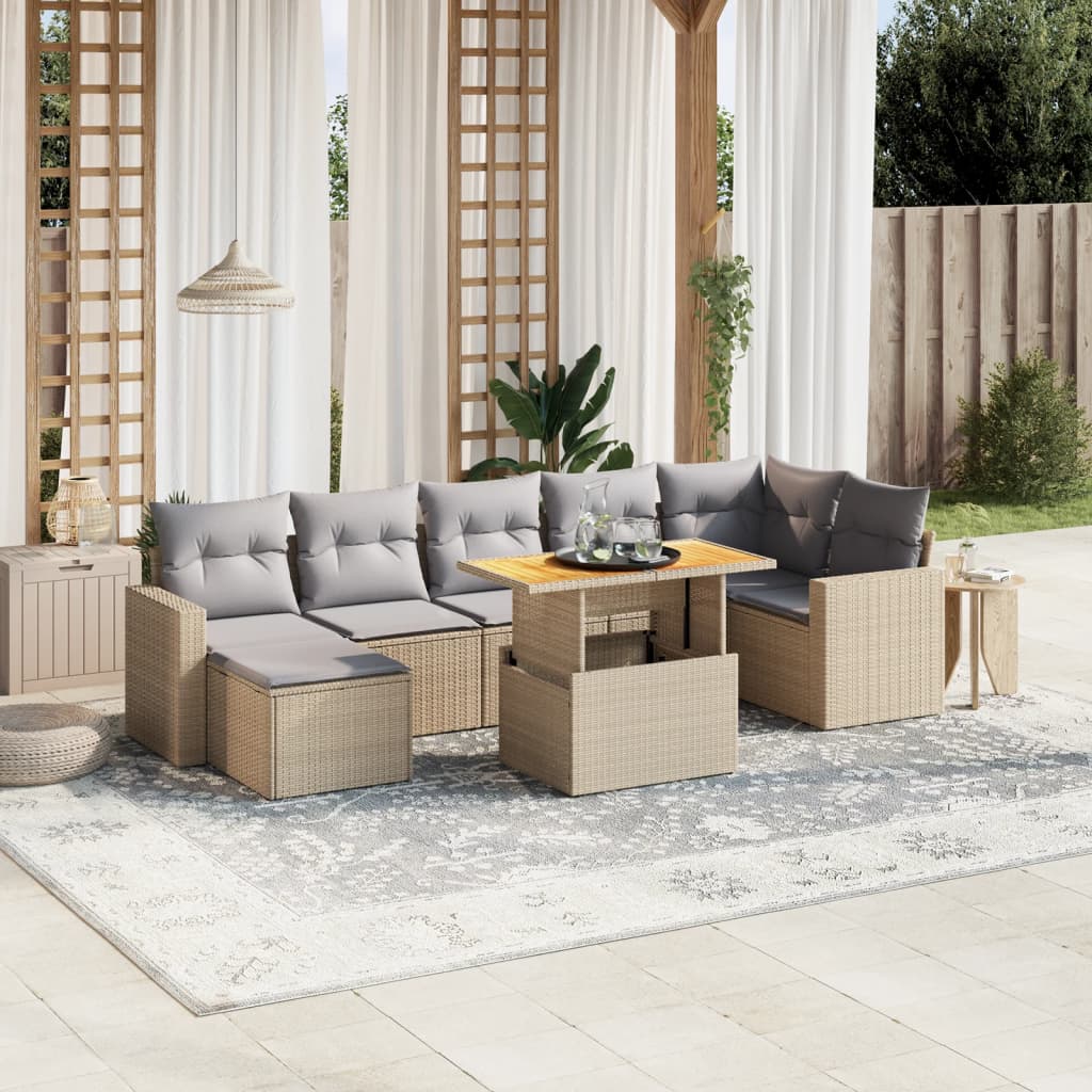 Salon de jardin avec coussins 8 pcs beige résine tressée