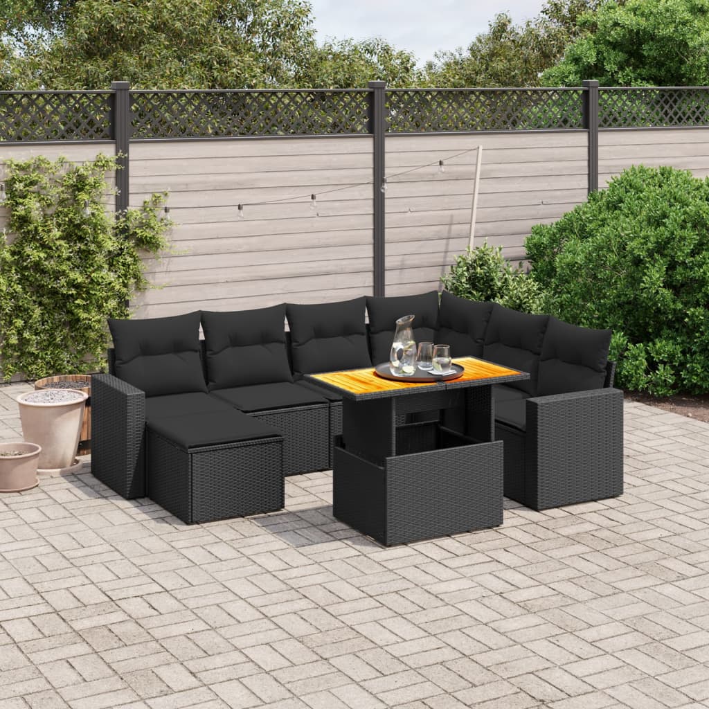 Salon de jardin 8 pcs avec coussins noir résine tressée