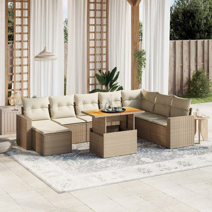 Salon de jardin avec coussins 9 pcs beige résine tressée