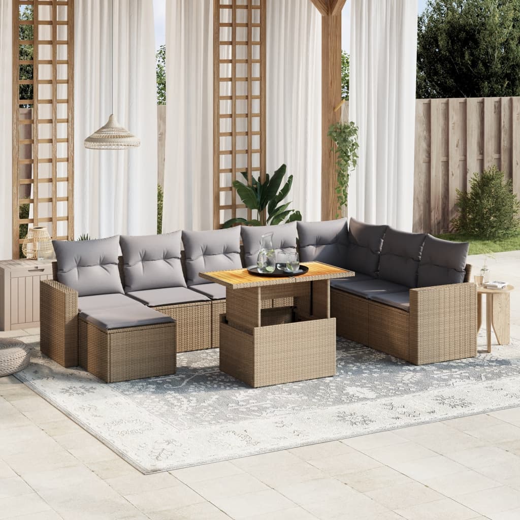 Salon de jardin avec coussins 9 pcs beige résine tressée