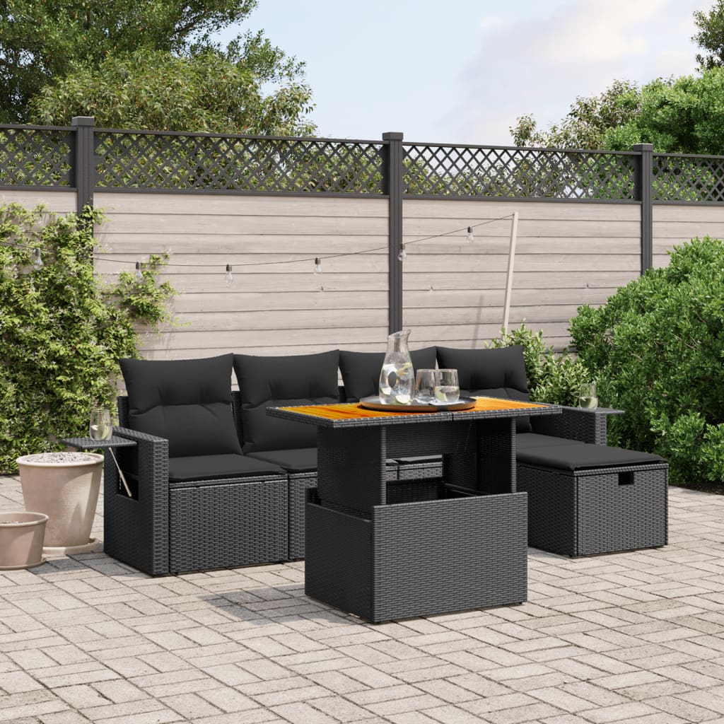 Salon de jardin 6 pcs avec coussins noir résine tressée