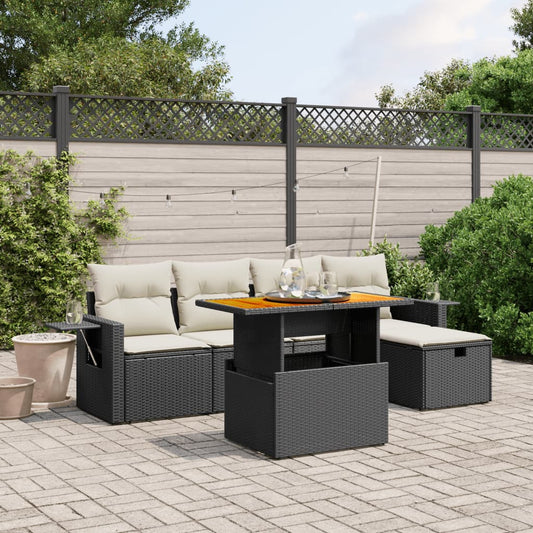 Salon de jardin 6 pcs avec coussins noir résine tressée