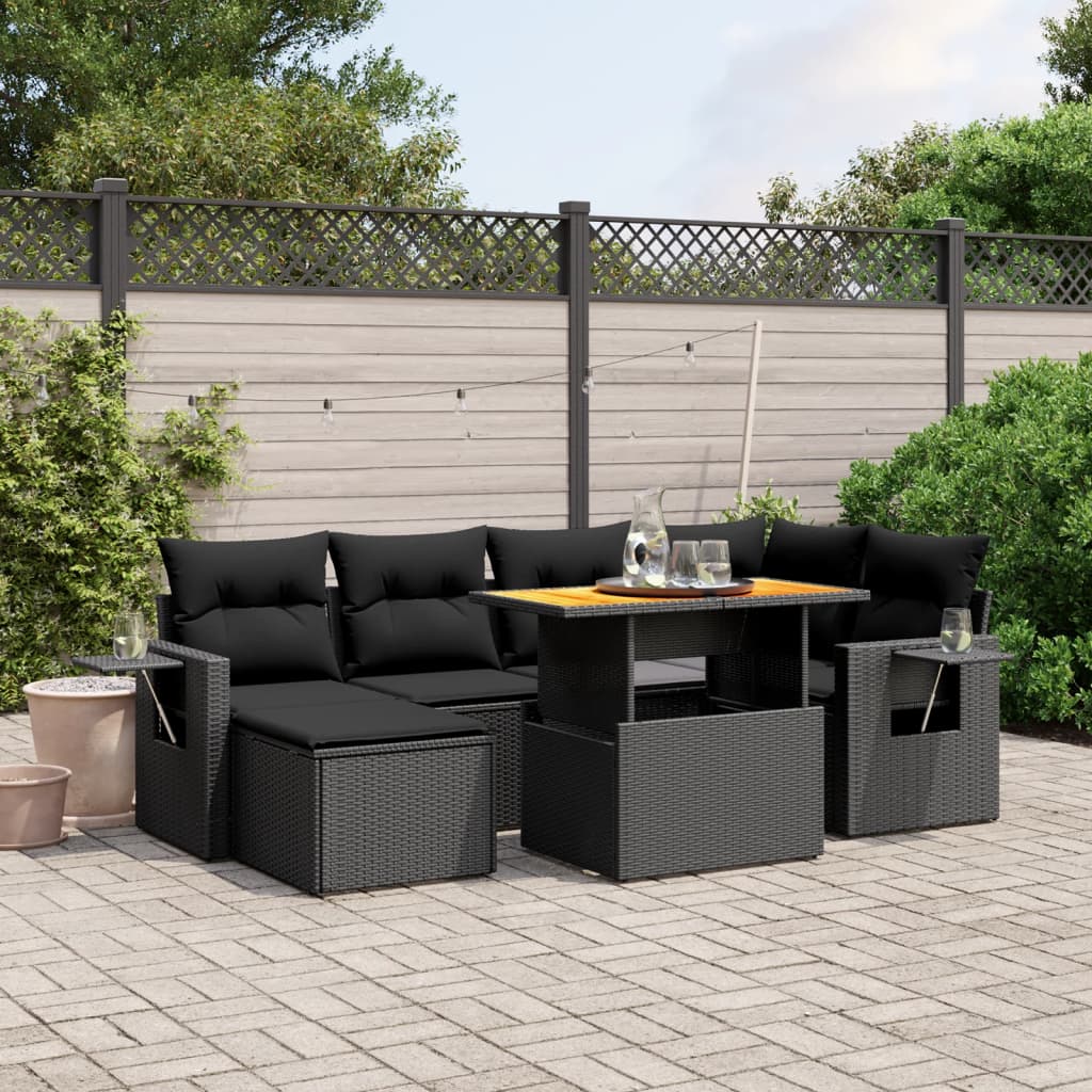 Salon de jardin 7 pcs avec coussins noir résine tressée