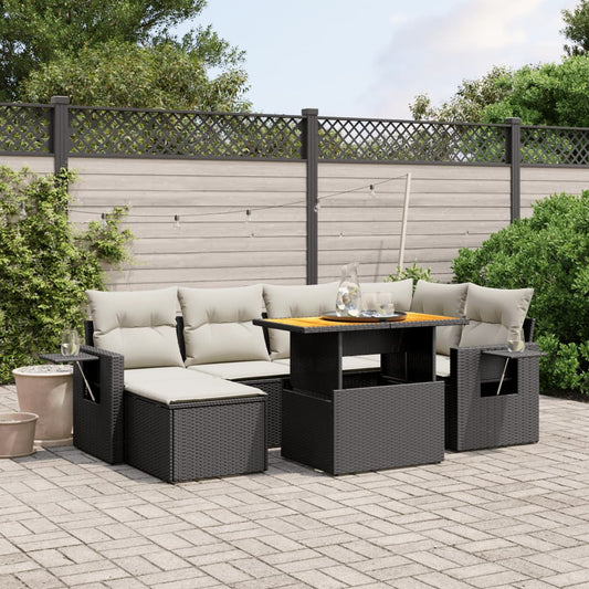 Salon de jardin 7 pcs avec coussins noir résine tressée