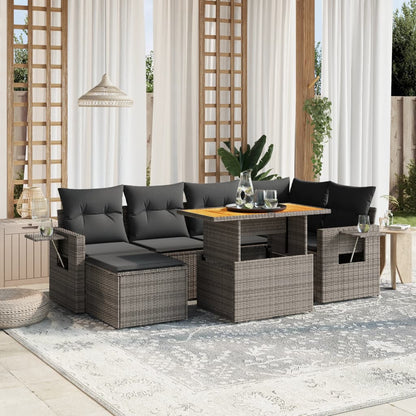 Salon de jardin avec coussins 7 pcs gris résine tressée