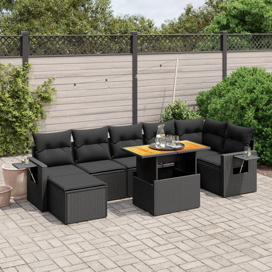 Salon de jardin 8 pcs avec coussins noir résine tressée