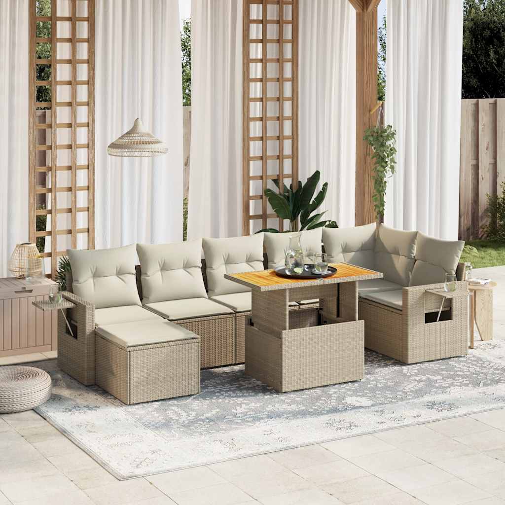 Salon de jardin avec coussins 8 pcs beige résine tressée