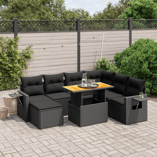 Salon de jardin 8 pcs avec coussins noir résine tressée