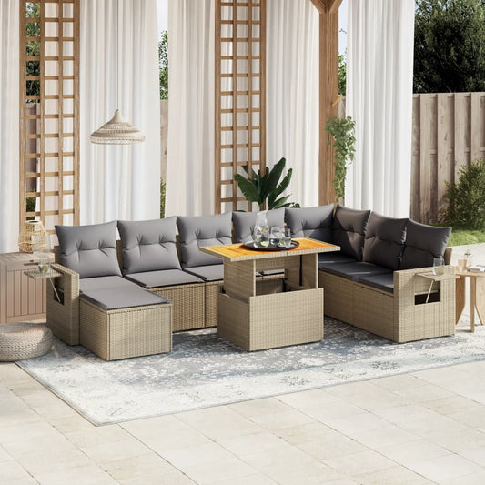 Salon de jardin avec coussins 9 pcs beige résine tressée