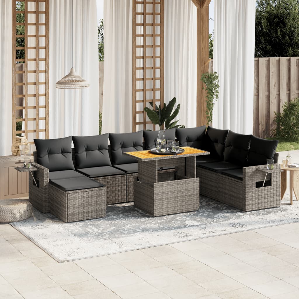 Salon de jardin 9 pcs avec coussins gris résine tressée