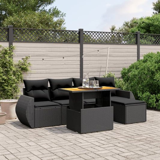 Salon de jardin 6 pcs avec coussins noir résine tressée