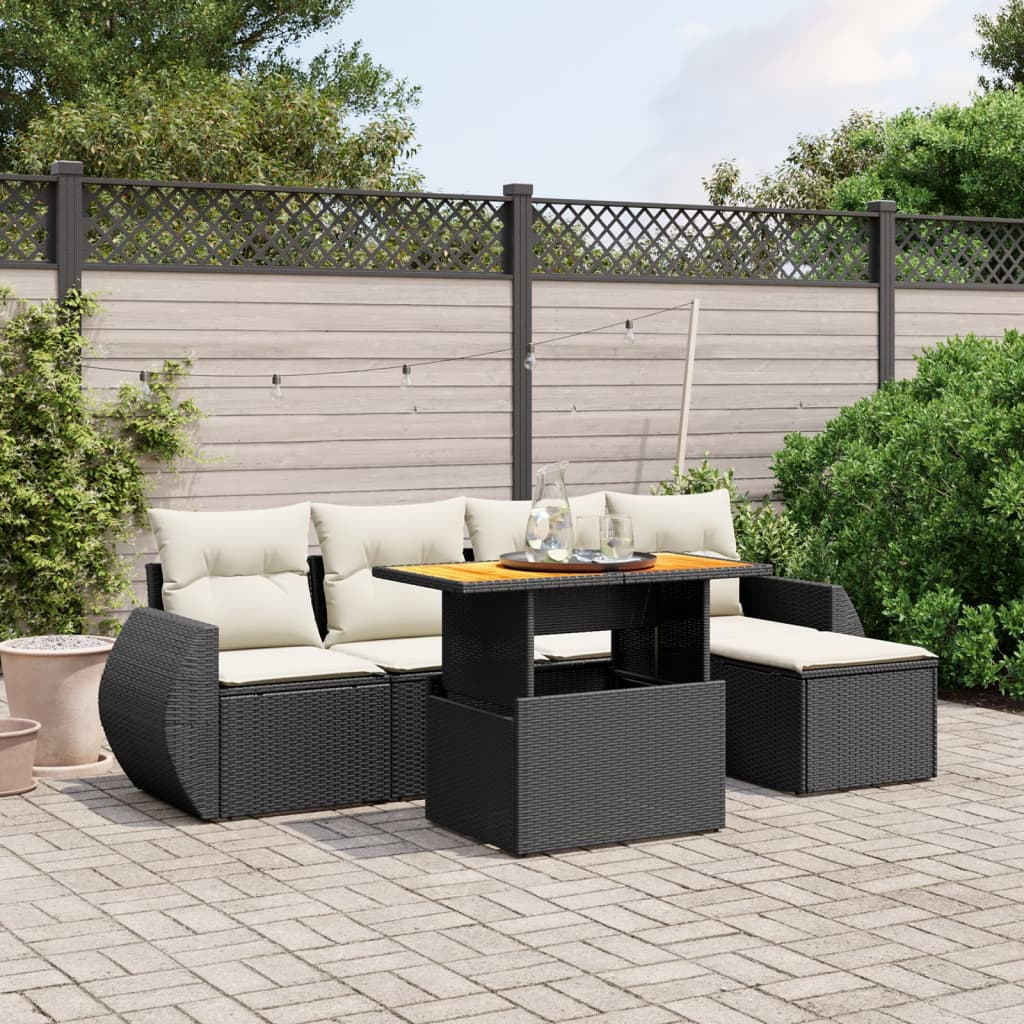 Salon de jardin 6 pcs avec coussins noir résine tressée