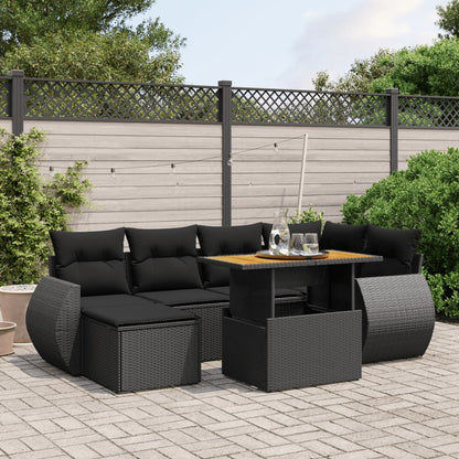 Salon de jardin 7 pcs avec coussins noir résine tressée