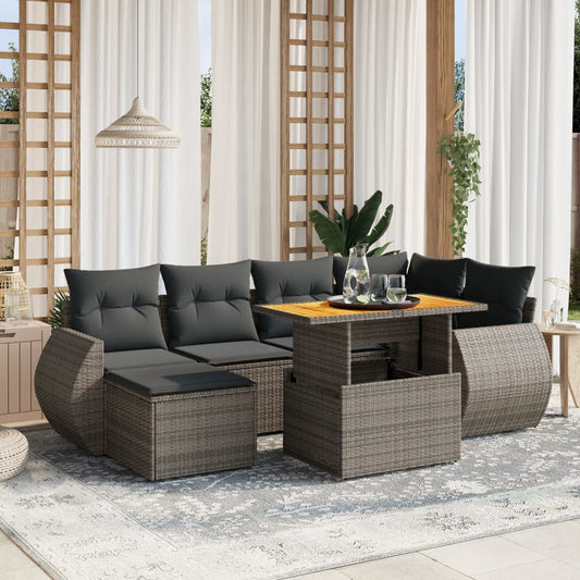 Salon de jardin avec coussins 7 pcs gris résine tressée