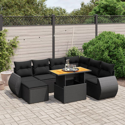 Salon de jardin 8 pcs avec coussins noir résine tressée