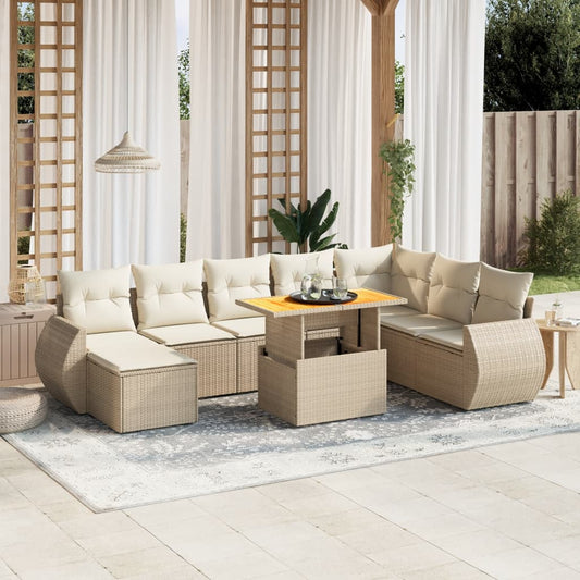 Salon de jardin avec coussins 9 pcs beige résine tressée