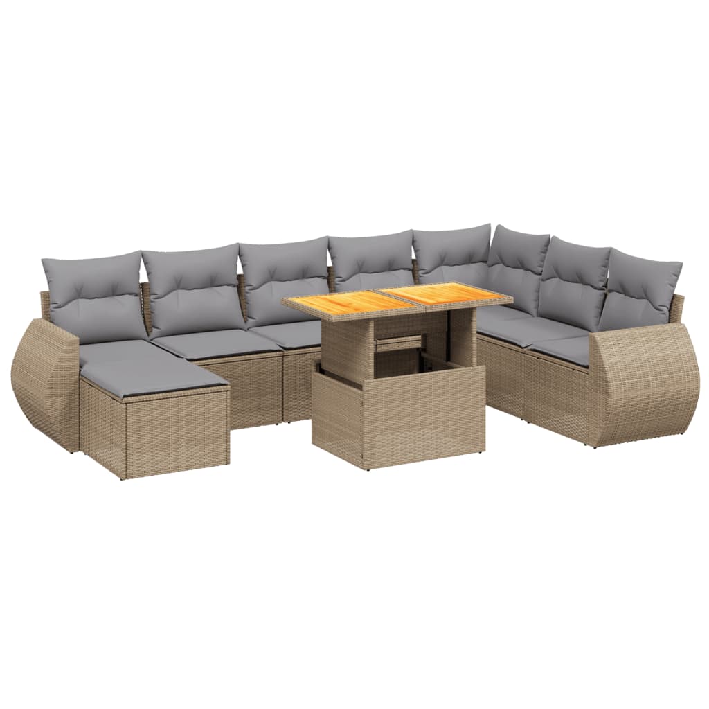 Salon de jardin avec coussins 9 pcs beige résine tressée