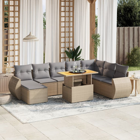 Salon de jardin avec coussins 9 pcs beige résine tressée