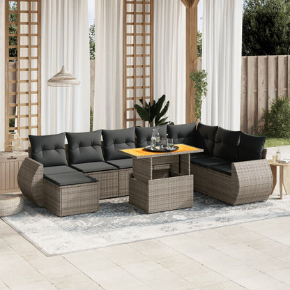 Salon de jardin 9 pcs avec coussins gris résine tressée