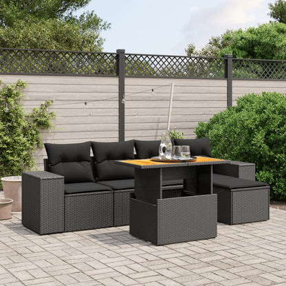 Salon de jardin 6 pcs avec coussins noir résine tressée