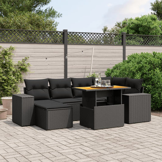 Salon de jardin 7 pcs avec coussins noir résine tressée