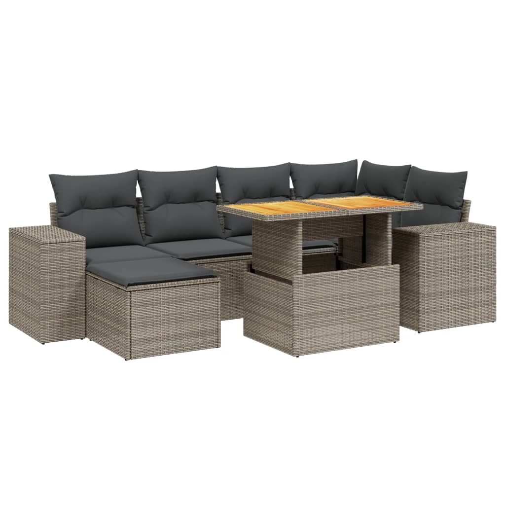 Salon de jardin avec coussins 7 pcs gris résine tressée