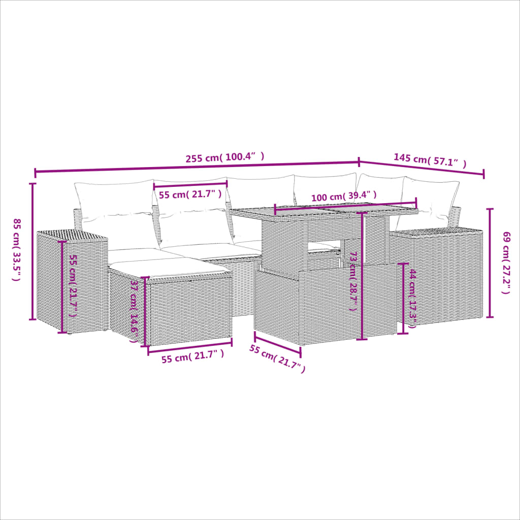 Salon de jardin avec coussins 7 pcs gris résine tressée