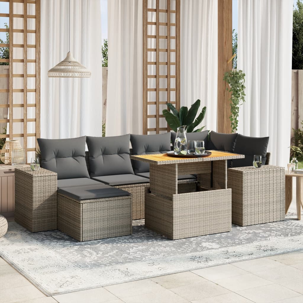 Salon de jardin avec coussins 7 pcs gris résine tressée