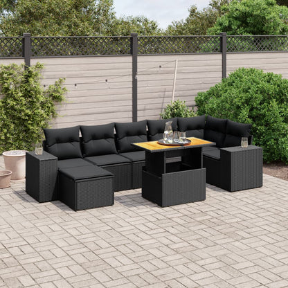 Salon de jardin 8 pcs avec coussins noir résine tressée