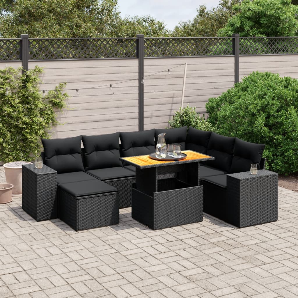 Salon de jardin 8 pcs avec coussins noir résine tressée