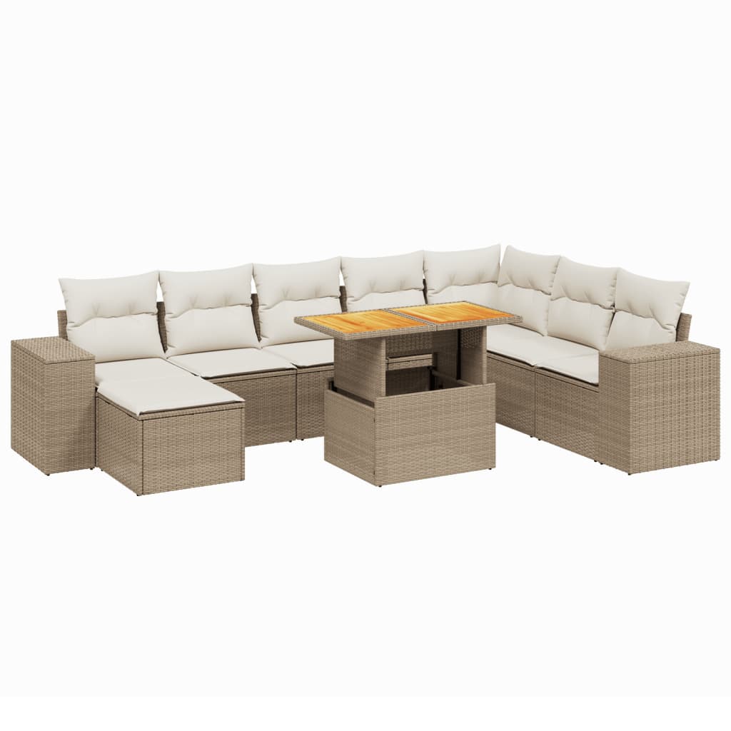 Salon de jardin avec coussins 9 pcs beige résine tressée