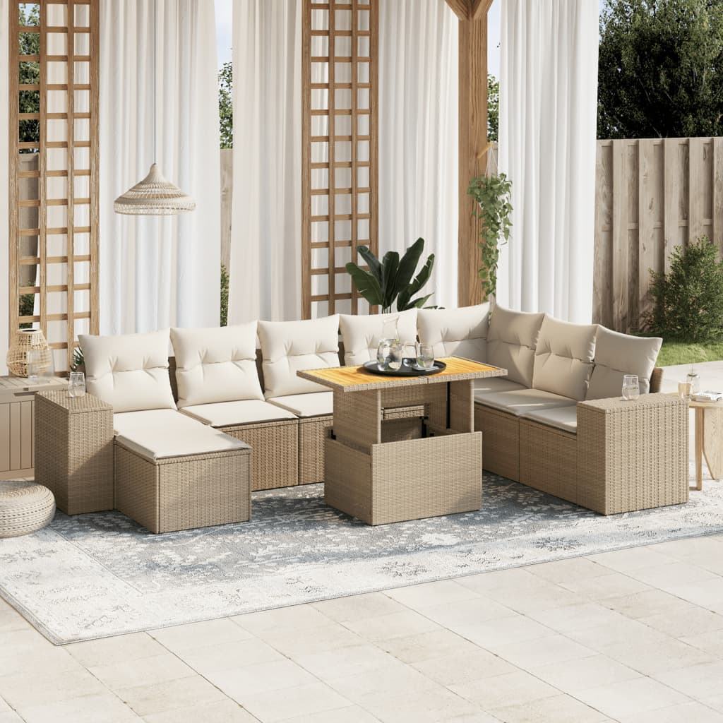 Salon de jardin avec coussins 9 pcs beige résine tressée