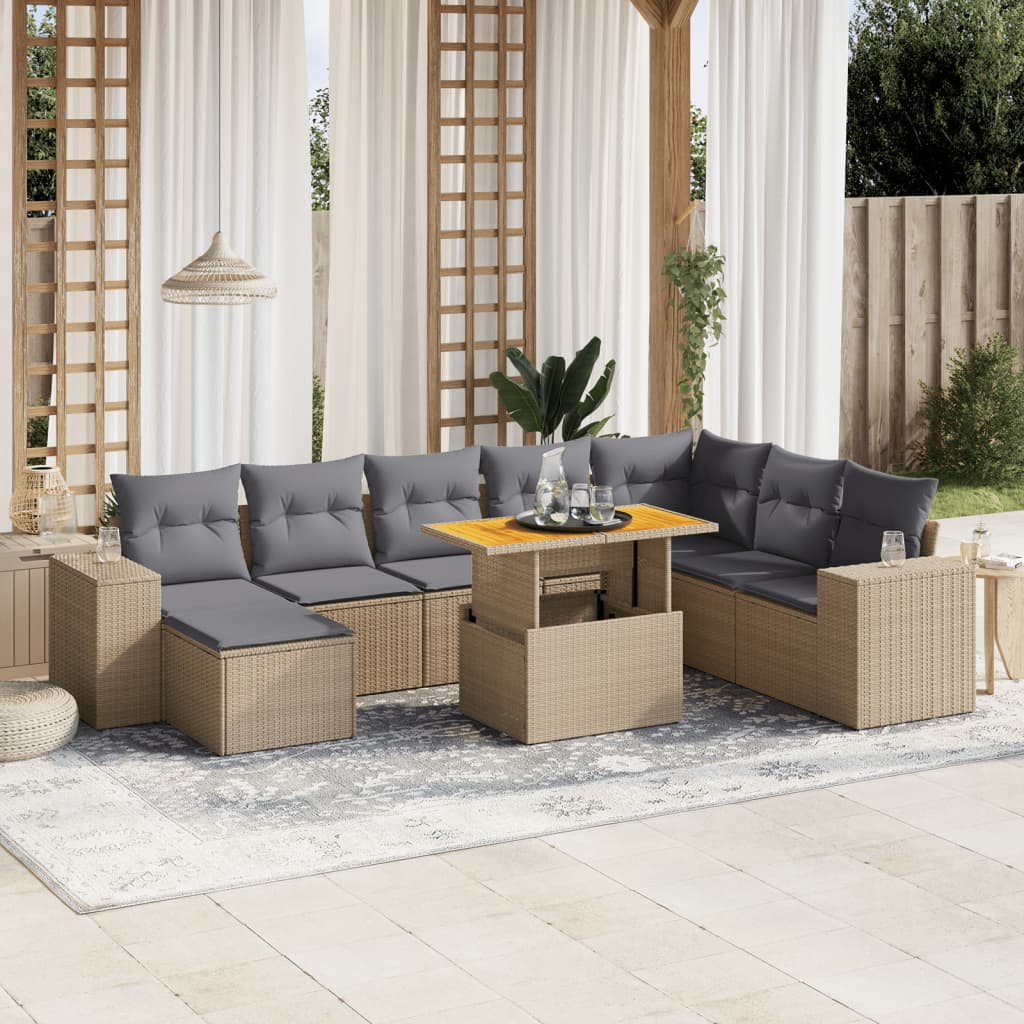 Salon de jardin avec coussins 9 pcs beige résine tressée