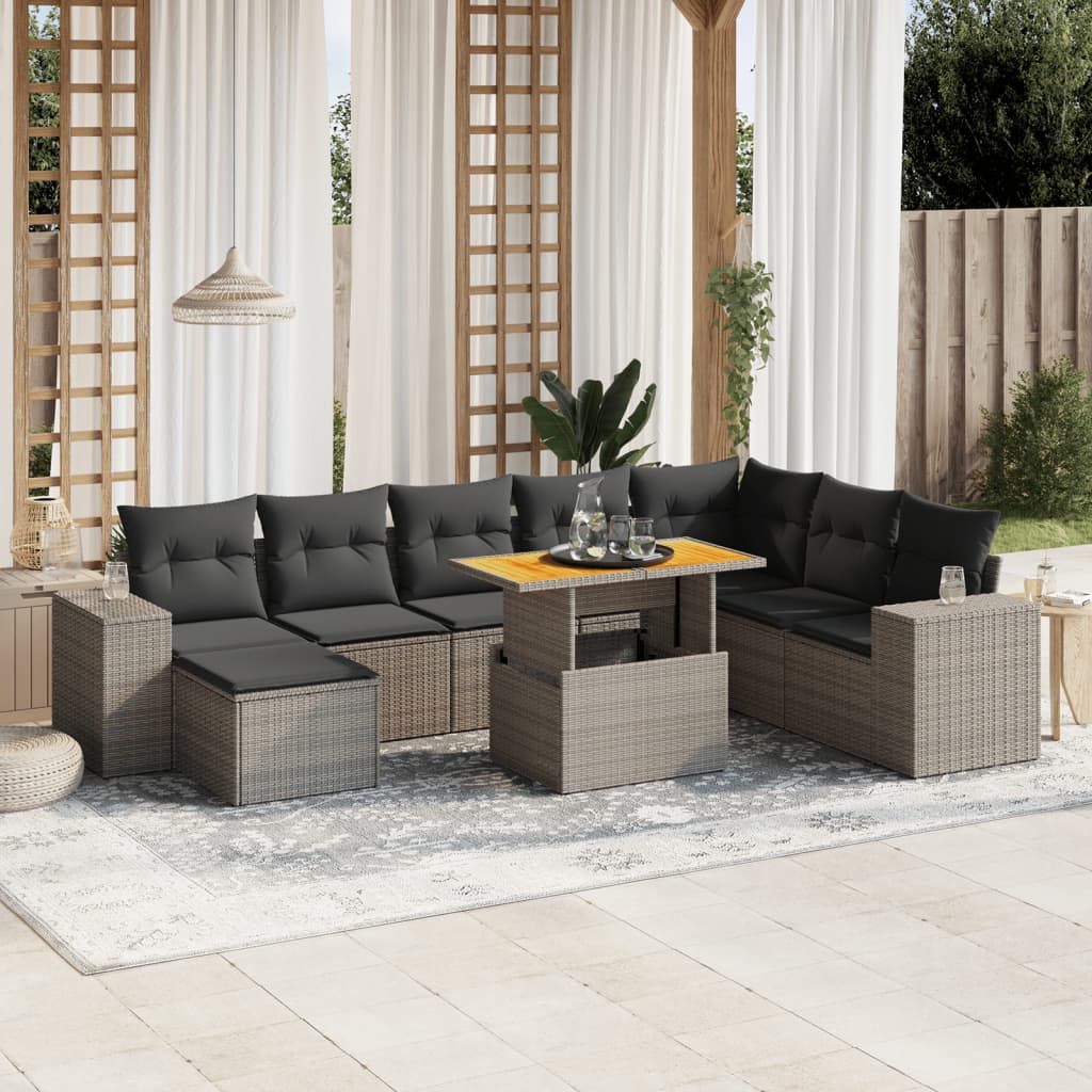 Salon de jardin 9 pcs avec coussins gris résine tressée