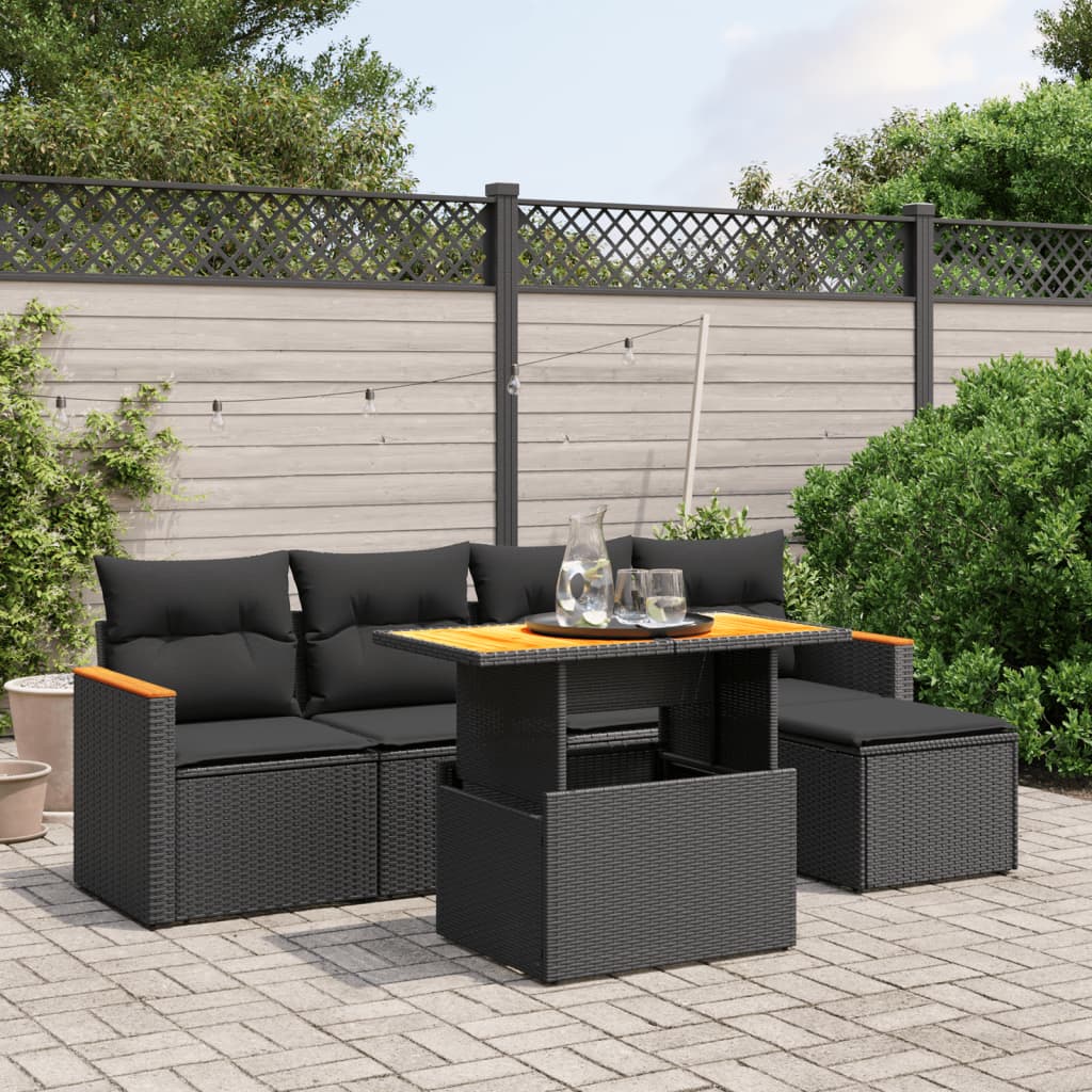 Salon de jardin 6 pcs avec coussins noir résine tressée