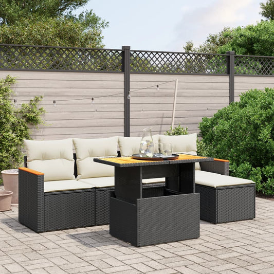 Salon de jardin 6 pcs avec coussins noir résine tressée