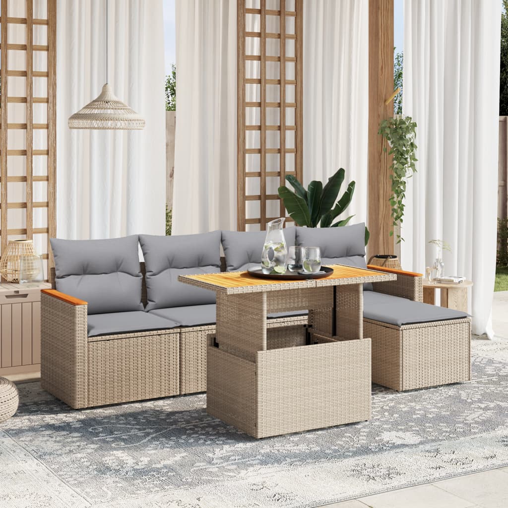 Salon de jardin avec coussins 6 pcs beige résine tressée