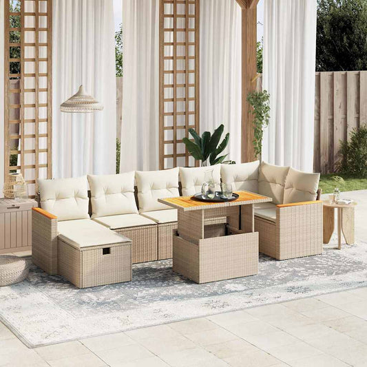 Salon de jardin avec coussins 8 pcs beige résine tressée