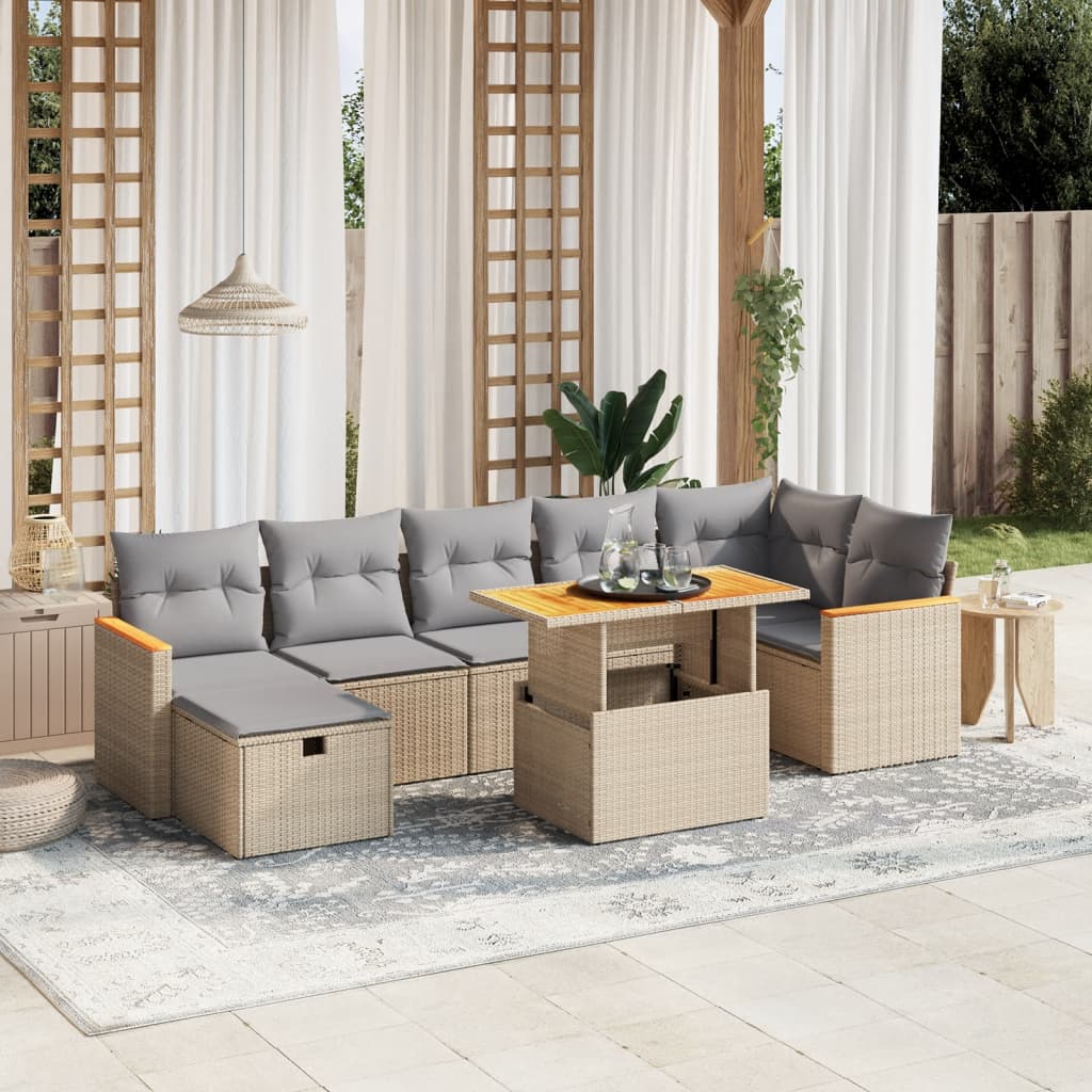 Salon de jardin avec coussins 8 pcs beige résine tressée