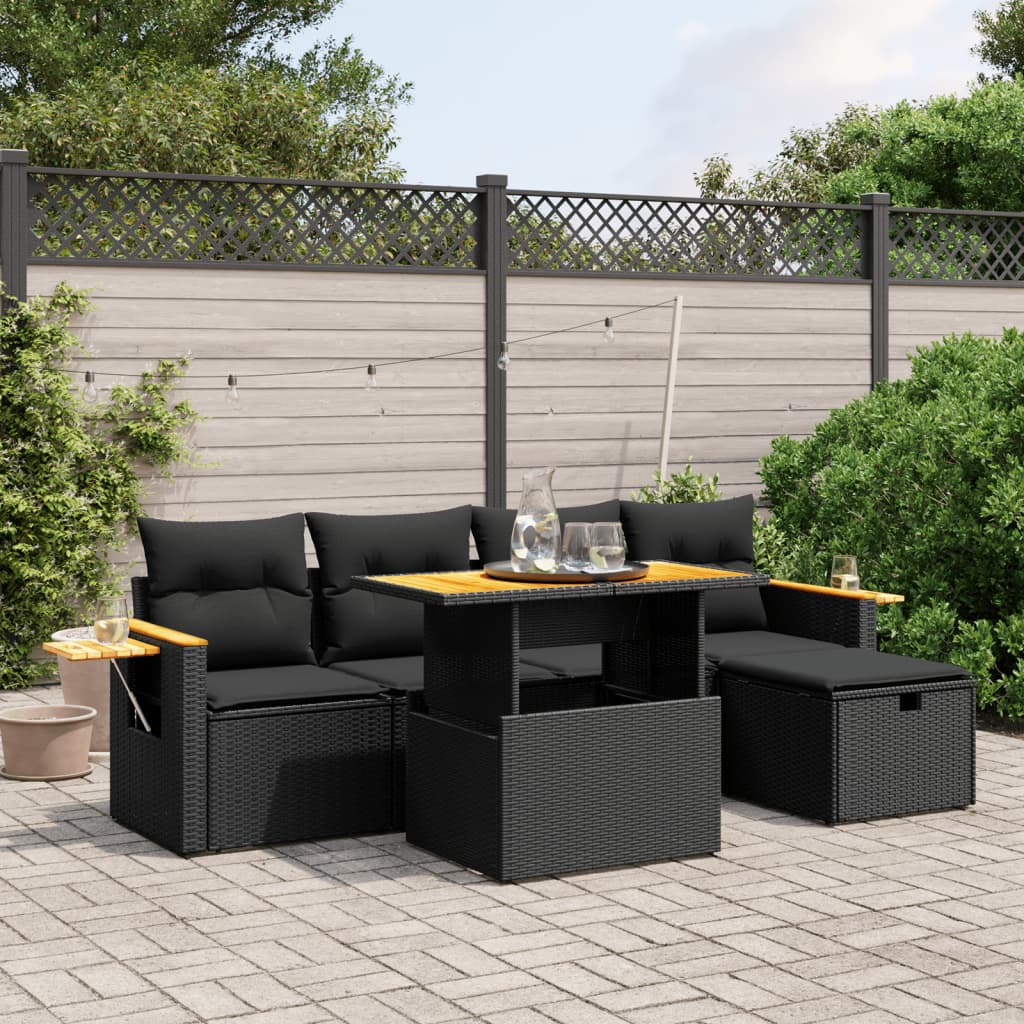 Salon de jardin 6 pcs avec coussins noir résine tressée