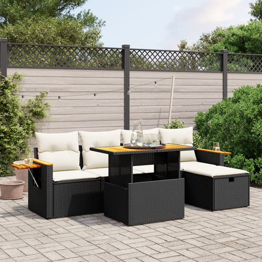 Salon de jardin 6 pcs avec coussins noir résine tressée