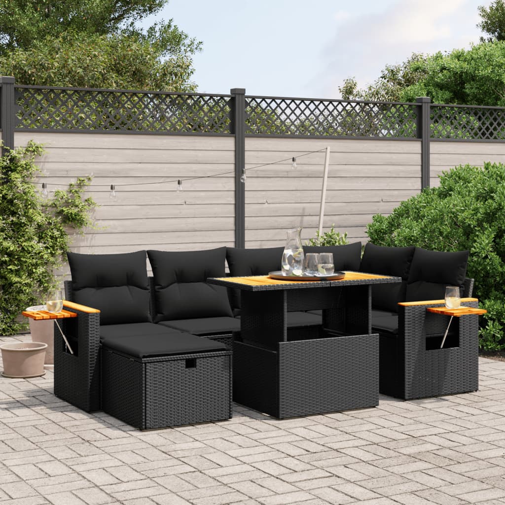 Salon de jardin 7 pcs avec coussins noir résine tressée