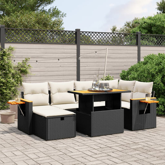 Salon de jardin 7 pcs avec coussins noir résine tressée