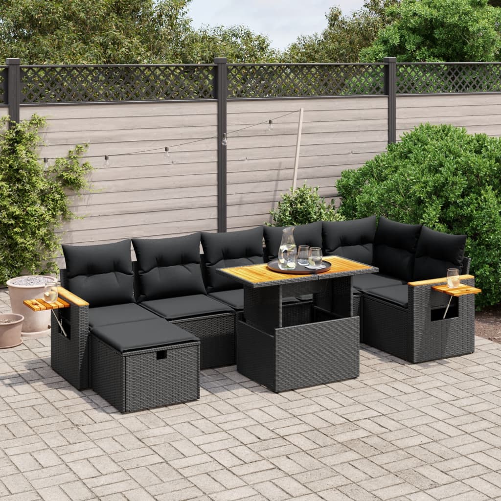 Salon de jardin 8 pcs avec coussins noir résine tressée