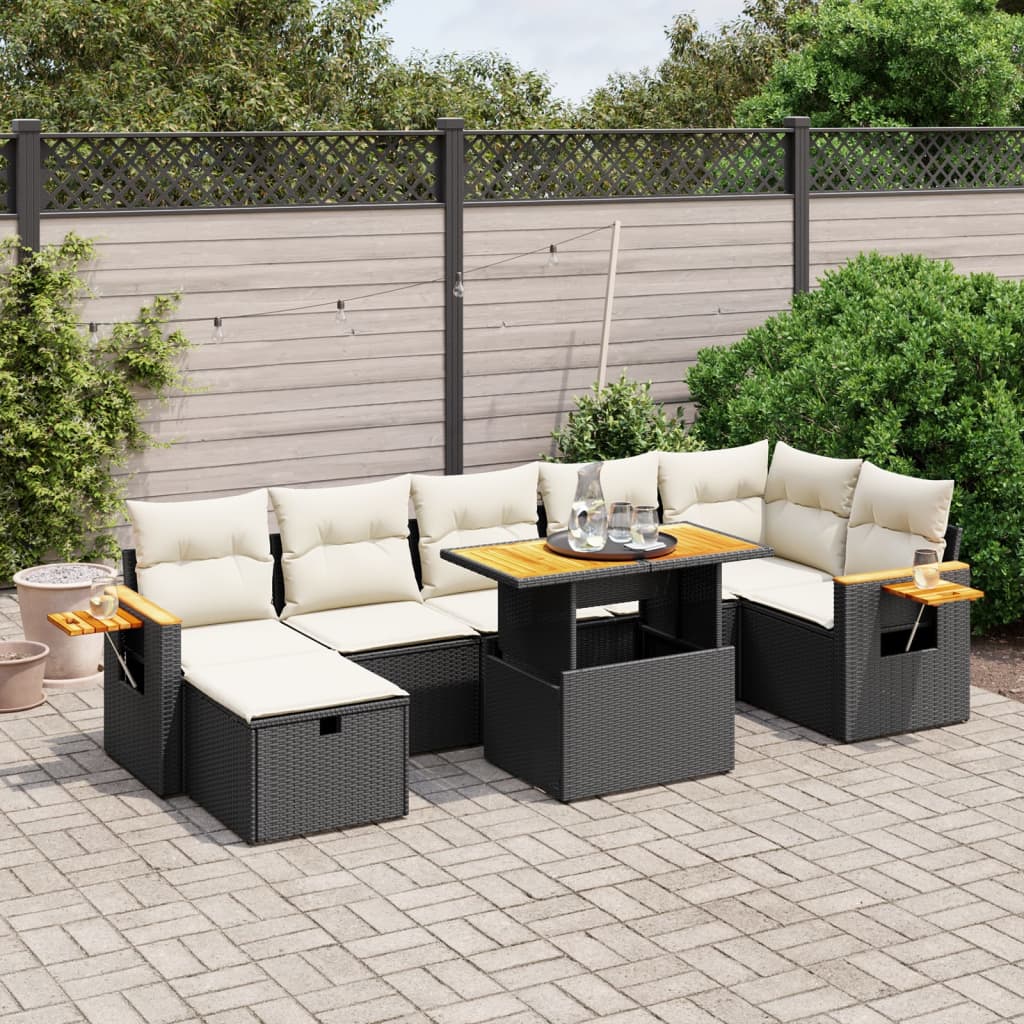 Salon de jardin 8 pcs avec coussins noir résine tressée