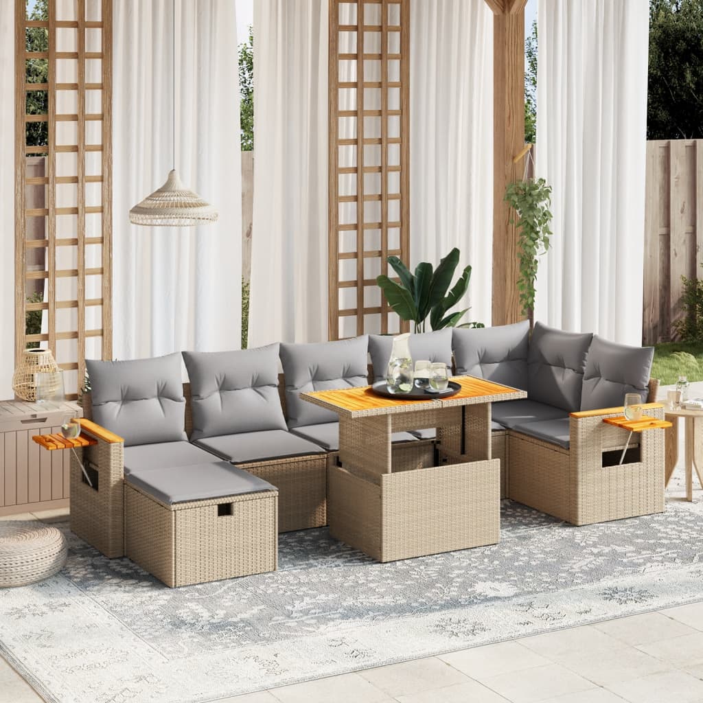 Salon de jardin avec coussins 8 pcs beige résine tressée