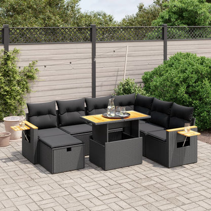 Salon de jardin 8 pcs avec coussins noir résine tressée