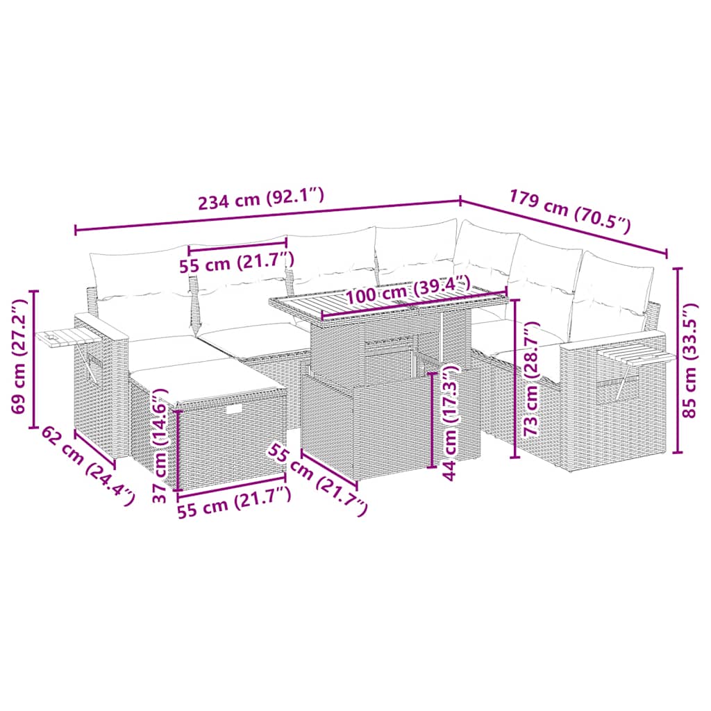 Salon de jardin avec coussins 8 pcs beige résine tressée