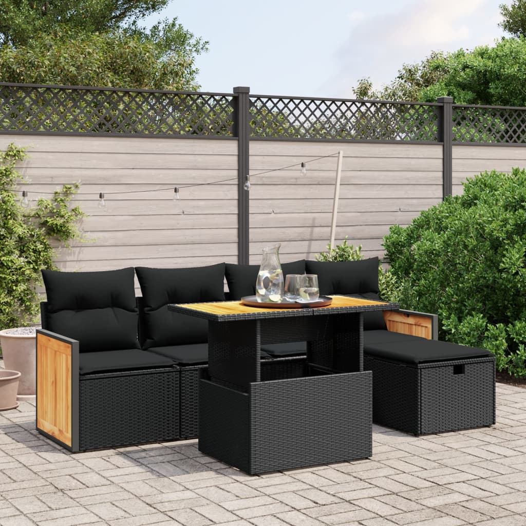 Salon de jardin 6 pcs avec coussins noir résine tressée