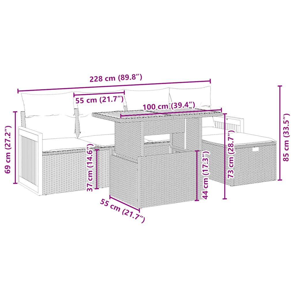 Salon de jardin avec coussins 6 pcs beige résine tressée